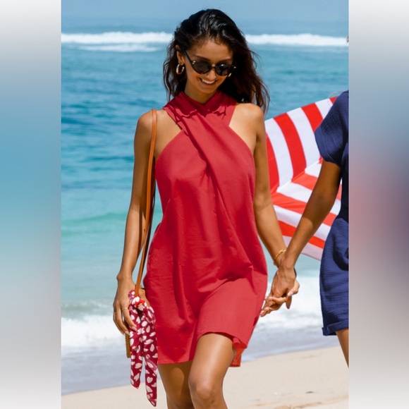 ‼️SOLD‼️ Sunshine Crisscross Halter Dress. Chic Red Halter Beach Dress ‼️SOLD‼️ - Picture 3 of 5